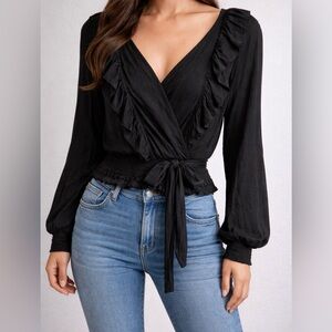 Chic Black Ruffle Wrap Blouse Size M Feminine Party Top
